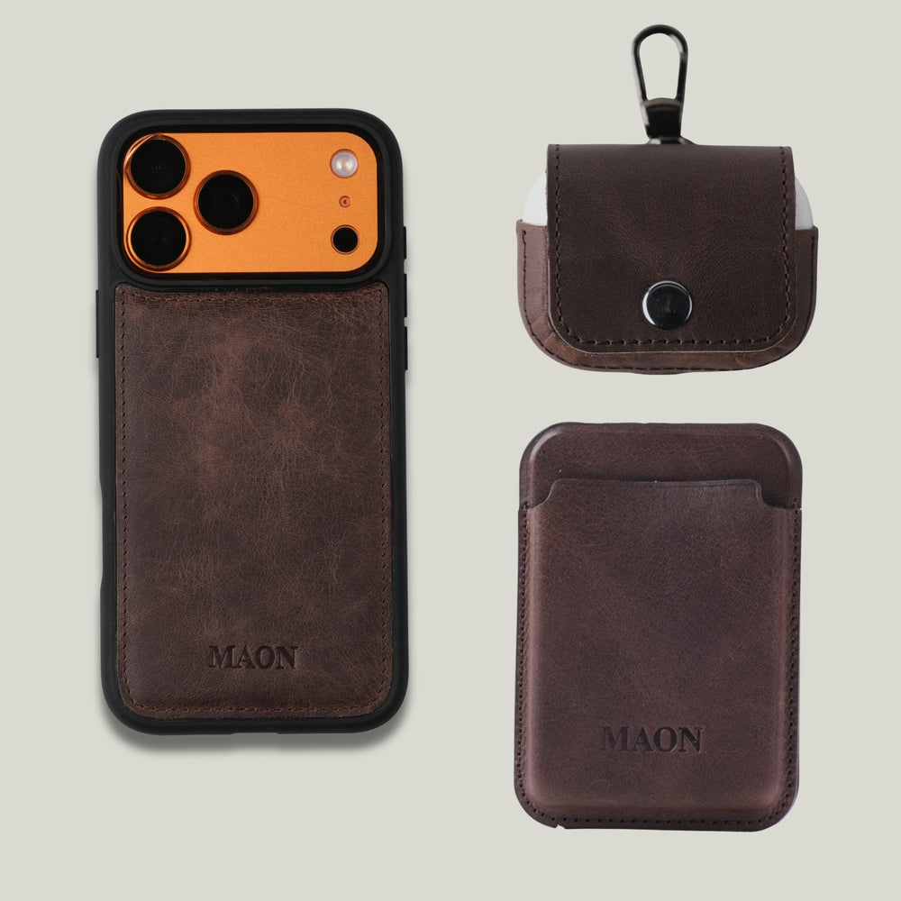 3'lü Apple Deri Set — AirPods Kılıfı + Maggy Kartlık + iPhone Kılıfı